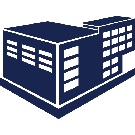 Icon of a simplified, blue, three-story building with a flat roof and rectangular windows.