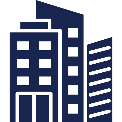 Icon of three stylized blue buildings with windows, representing an urban or cityscape setting.