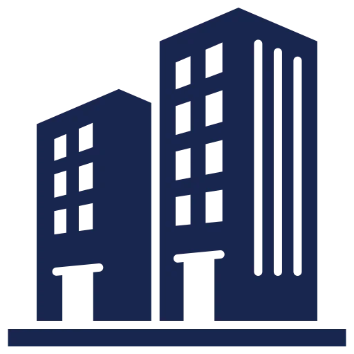 Icon of two simple dark blue buildings with rectangular windows and doors.